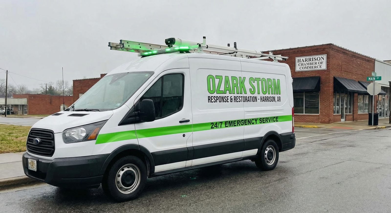 Ozark Mountain Wind Damage service vehicle responding to wind damage call
